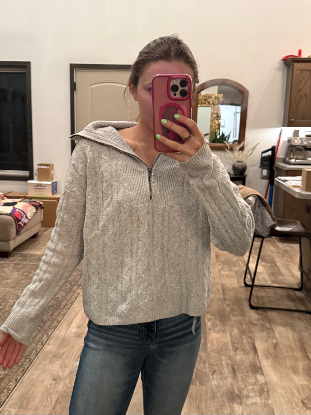 Pink Republic Light Gray Cable-Knit Half-Zip Sweater